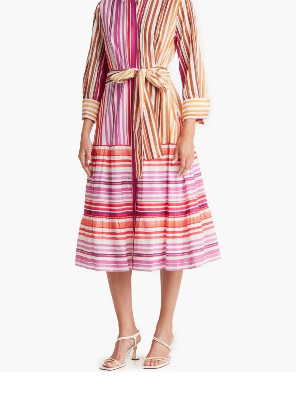 Striped Tie-Waist Midi Dress in Pink and Orange Tones